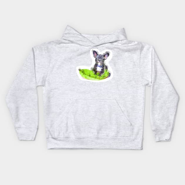 Cute Black And White Bulldog Puppy On A Green Cusion Digital Portrait Kids Hoodie by NeavesPhoto